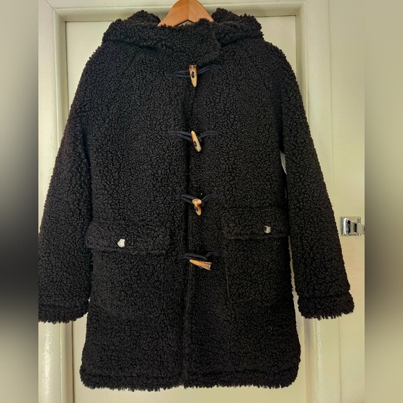 LUCKY BRAND FAUX FUR SHEARLING HOODIE TOGGLE BUTTON SHERPA COAT WOMEN Sz.XS Blk - Picture 2 of 12